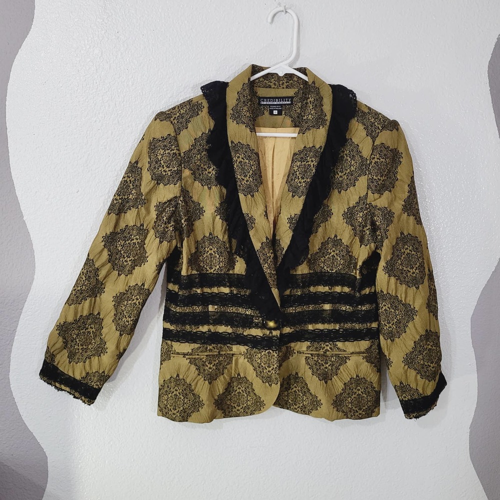 Credibility Womens Size 10 Blazer Gold / Black Lace Button Closure Lined